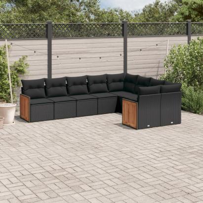 Set mobilier de grădină cu perne, 9 piese, negru, poliratan GartenMobel Dekor