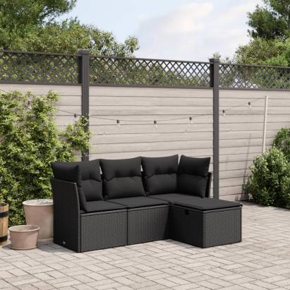 Set mobilier de grădină cu perne, 4 piese, negru, poliratan GartenMobel Dekor