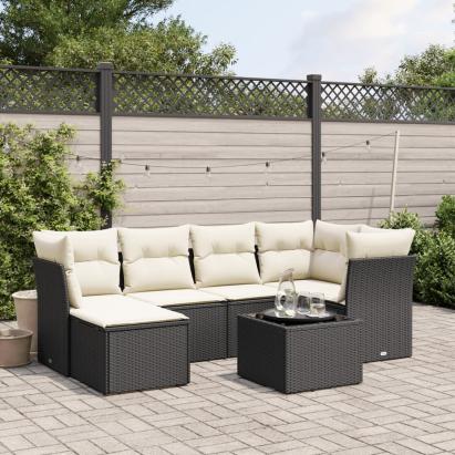 Set canapele de grădină cu perne, 7 piese, negru, poliratan GartenMobel Dekor