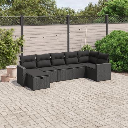 Set canapele de grădină cu perne, 7 piese, negru, poliratan GartenMobel Dekor