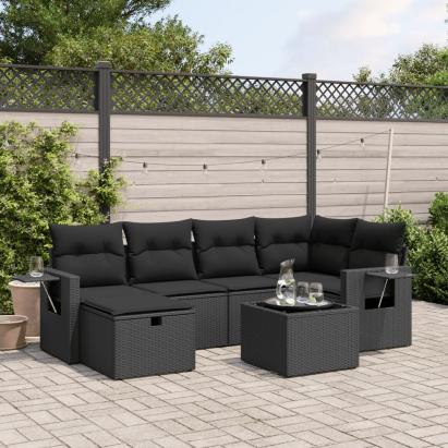 Set canapele de grădină cu perne, 7 piese, negru, poliratan GartenMobel Dekor