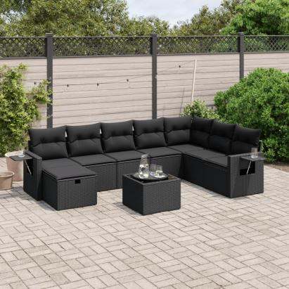 Set mobilier de grădină cu perne, 9 piese, negru, poliratan GartenMobel Dekor
