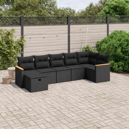 Set canapele de grădină cu perne, 7 piese, negru, poliratan GartenMobel Dekor