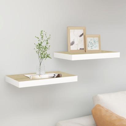 Rafturi perete suspendate 2 buc. alb/stejar 50x23x3,8cm MDF GartenMobel Dekor