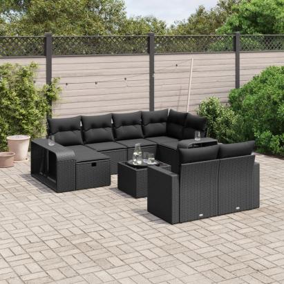 Set canapele de grădină cu perne, 11 piese, negru, poliratan GartenMobel Dekor