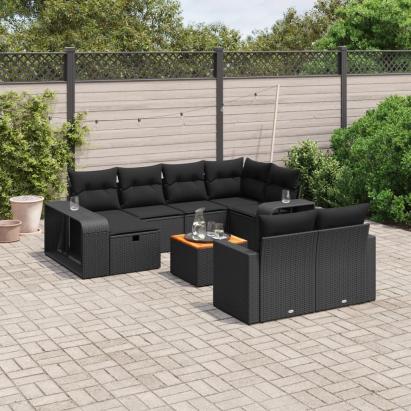 Set canapele de grădină cu perne, 11 piese, negru, poliratan GartenMobel Dekor