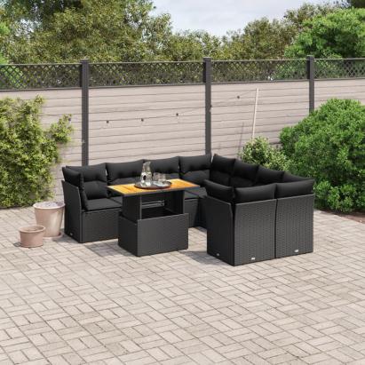 Set mobilier de grădină cu perne, 9 piese, negru, poliratan GartenMobel Dekor