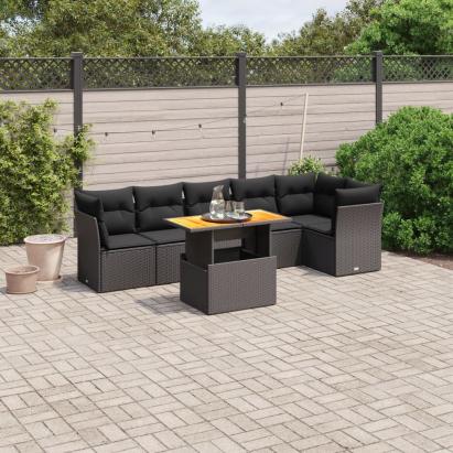 Set canapele de grădină cu perne, 7 piese, negru, poliratan GartenMobel Dekor