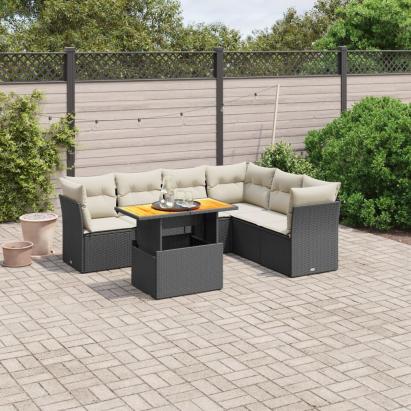 Set canapele de grădină cu perne, 7 piese, negru, poliratan GartenMobel Dekor