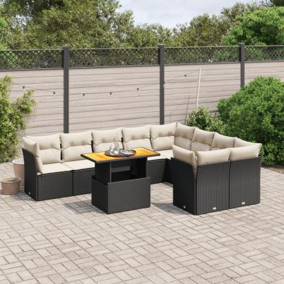 Set canapele de grădină cu perne, 10 piese, negru, poliratan GartenMobel Dekor