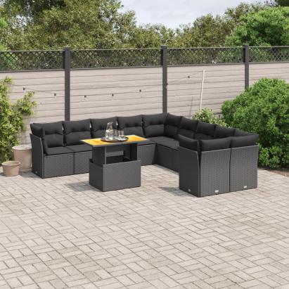 Set canapele de grădină cu perne, 11 piese, negru, poliratan GartenMobel Dekor