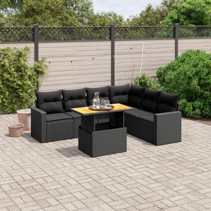 Set canapele de grădină cu perne, 7 piese, negru, poliratan GartenMobel Dekor