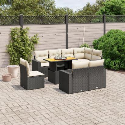Set mobilier de grădină cu perne, 9 piese, negru, poliratan GartenMobel Dekor