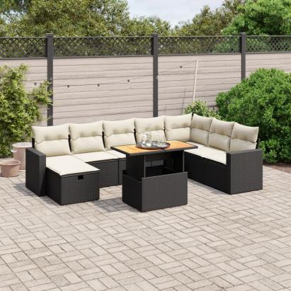 Set mobilier de grădină cu perne, 9 piese, negru, poliratan GartenMobel Dekor