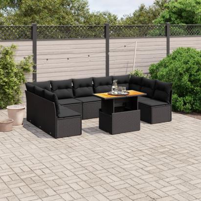 Set canapele de grădină cu perne, 10 piese, negru, poliratan GartenMobel Dekor