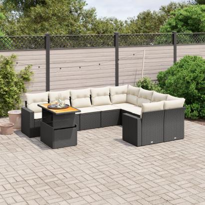 Set canapele de grădină cu perne, 10 piese, negru, poliratan GartenMobel Dekor