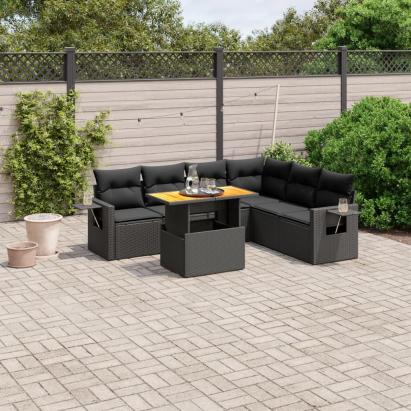 Set canapele de grădină cu perne, 7 piese, negru, poliratan GartenMobel Dekor