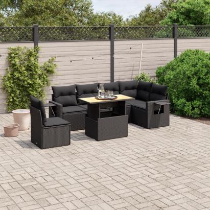 Set canapele de grădină cu perne, 7 piese, negru, poliratan GartenMobel Dekor