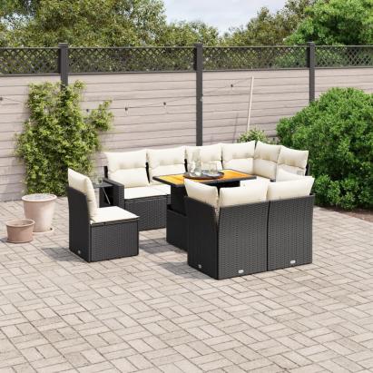 Set mobilier de grădină cu perne, 9 piese, negru, poliratan GartenMobel Dekor