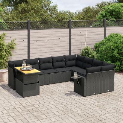 Set canapele de grădină cu perne, 10 piese, negru, poliratan GartenMobel Dekor
