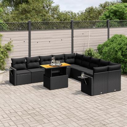 Set canapele de grădină cu perne, 11 piese, negru, poliratan GartenMobel Dekor