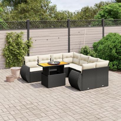 Set mobilier de grădină cu perne, 9 piese, negru, poliratan GartenMobel Dekor