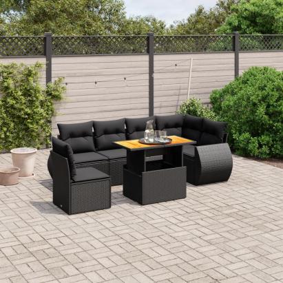Set canapele de grădină cu perne, 7 piese, negru, poliratan GartenMobel Dekor