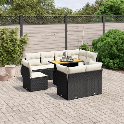 Set mobilier de grădină cu perne, 9 piese, negru, poliratan GartenMobel Dekor