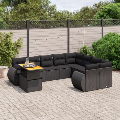 Set canapele de grădină cu perne, 10 piese, negru, poliratan GartenMobel Dekor