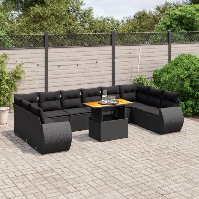 Set canapele de grădină cu perne, 11 piese, negru, poliratan GartenMobel Dekor