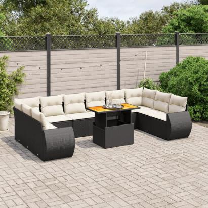 Set canapele de grădină cu perne, 11 piese, negru, poliratan GartenMobel Dekor