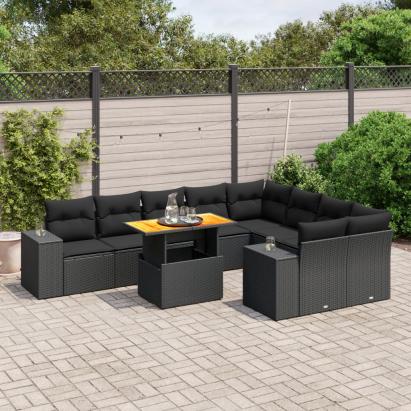 Set canapele de grădină cu perne, 10 piese, negru, poliratan GartenMobel Dekor