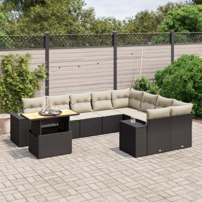 Set canapele de grădină cu perne, 10 piese, negru, poliratan GartenMobel Dekor