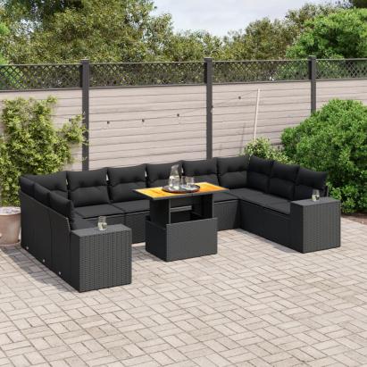 Set canapele de grădină cu perne, 11 piese, negru, poliratan GartenMobel Dekor