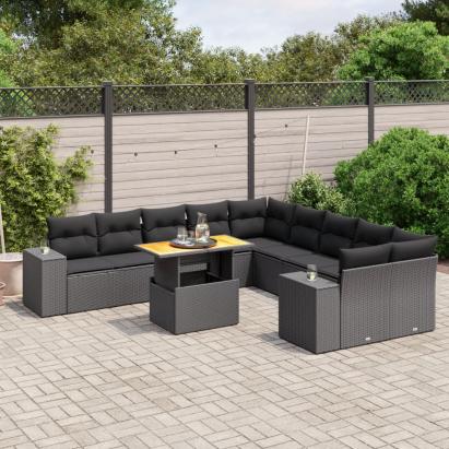 Set canapele de grădină cu perne, 11 piese, negru, poliratan GartenMobel Dekor