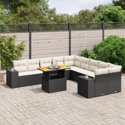 Set canapele de grădină cu perne, 11 piese, negru, poliratan GartenMobel Dekor