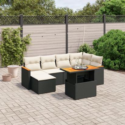 Set canapele de grădină cu perne, 7 piese, negru, poliratan GartenMobel Dekor