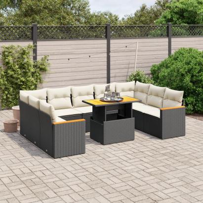 Set canapele de grădină cu perne, 10 piese, negru, poliratan GartenMobel Dekor