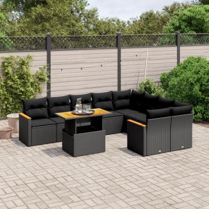 Set canapele de grădină cu perne, 10 piese, negru, poliratan GartenMobel Dekor