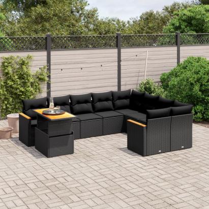 Set canapele de grădină cu perne, 10 piese, negru, poliratan GartenMobel Dekor