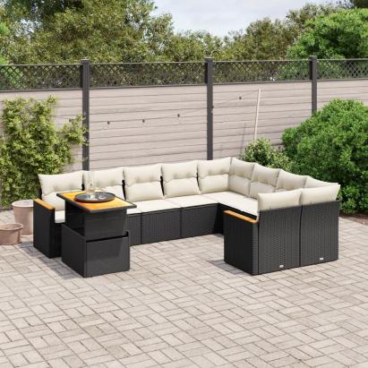 Set canapele de grădină cu perne, 10 piese, negru, poliratan GartenMobel Dekor