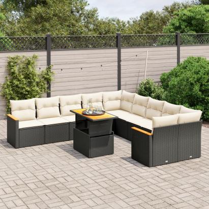 Set canapele de grădină cu perne, 11 piese, negru, poliratan GartenMobel Dekor