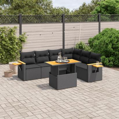 Set canapele de grădină cu perne, 7 piese, negru, poliratan GartenMobel Dekor