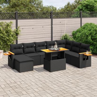Set mobilier de grădină cu perne, 9 piese, negru, poliratan GartenMobel Dekor