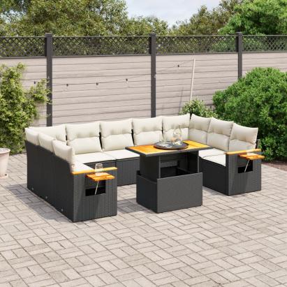 Set canapele de grădină cu perne, 10 piese, negru, poliratan GartenMobel Dekor