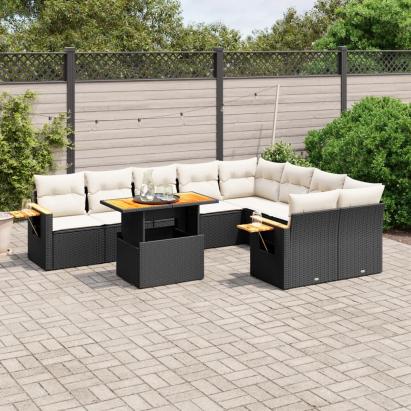 Set canapele de grădină cu perne, 10 piese, negru, poliratan GartenMobel Dekor