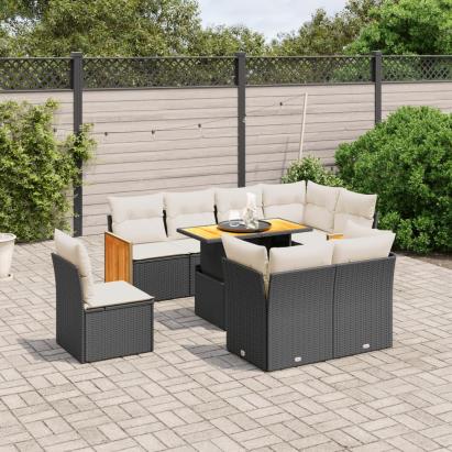 Set mobilier de grădină cu perne, 9 piese, negru, poliratan GartenMobel Dekor