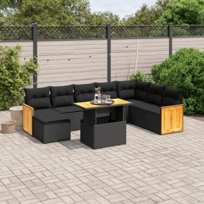 Set mobilier de grădină cu perne, 9 piese, negru, poliratan GartenMobel Dekor