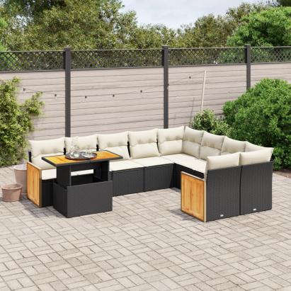 Set canapele de grădină cu perne, 10 piese, negru, poliratan GartenMobel Dekor