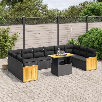 Set canapele de grădină cu perne, 11 piese, negru, poliratan GartenMobel Dekor
